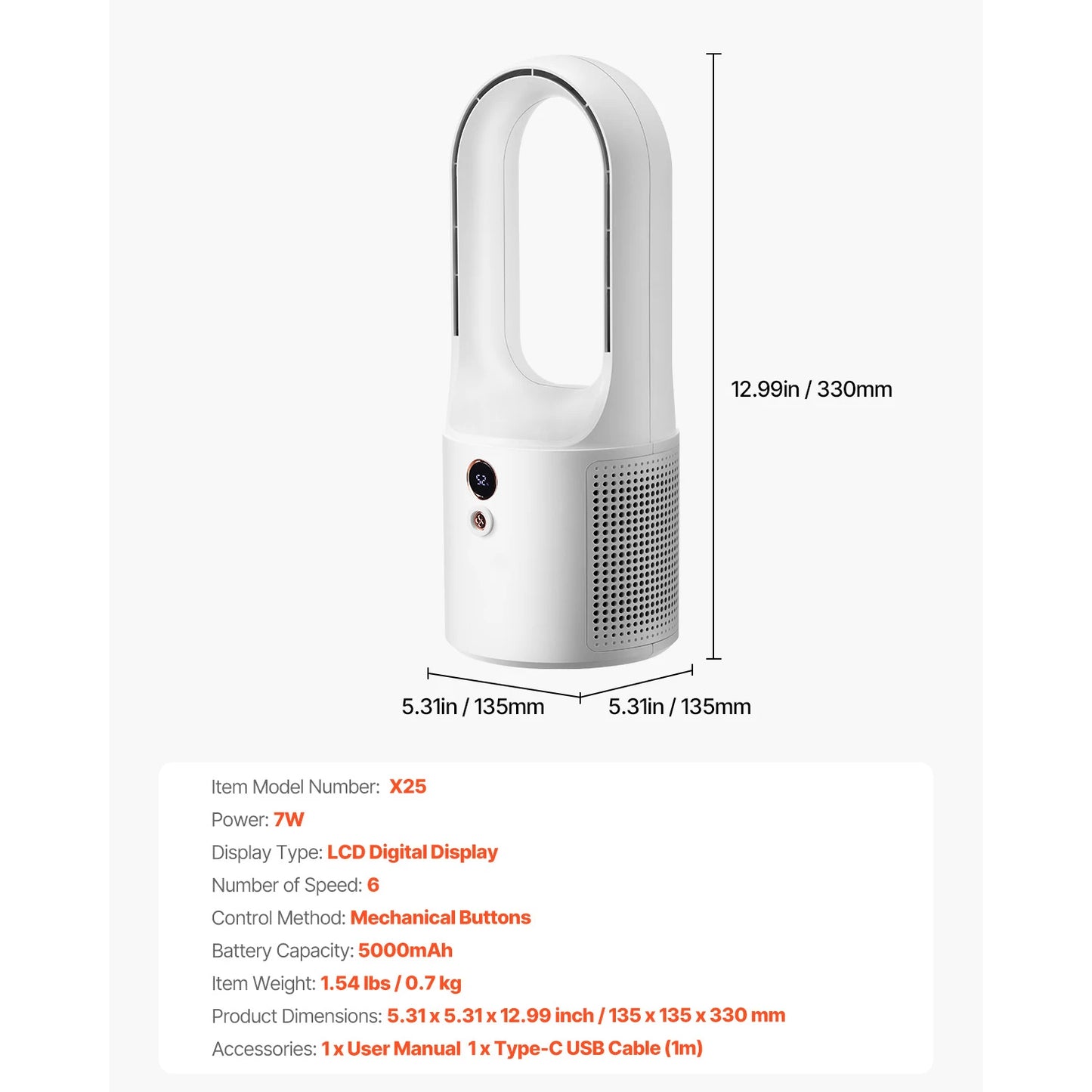 SucceBuy Bladeless Desk Fan 7W USB Quiet Cooling 6 Speeds