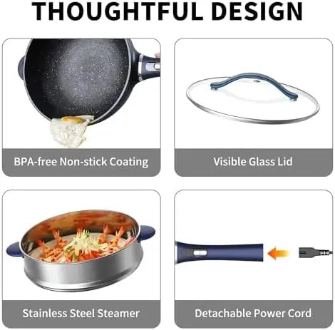 XMSJ 3L Electric Pot With Steamer Nonstick Wok 1200W