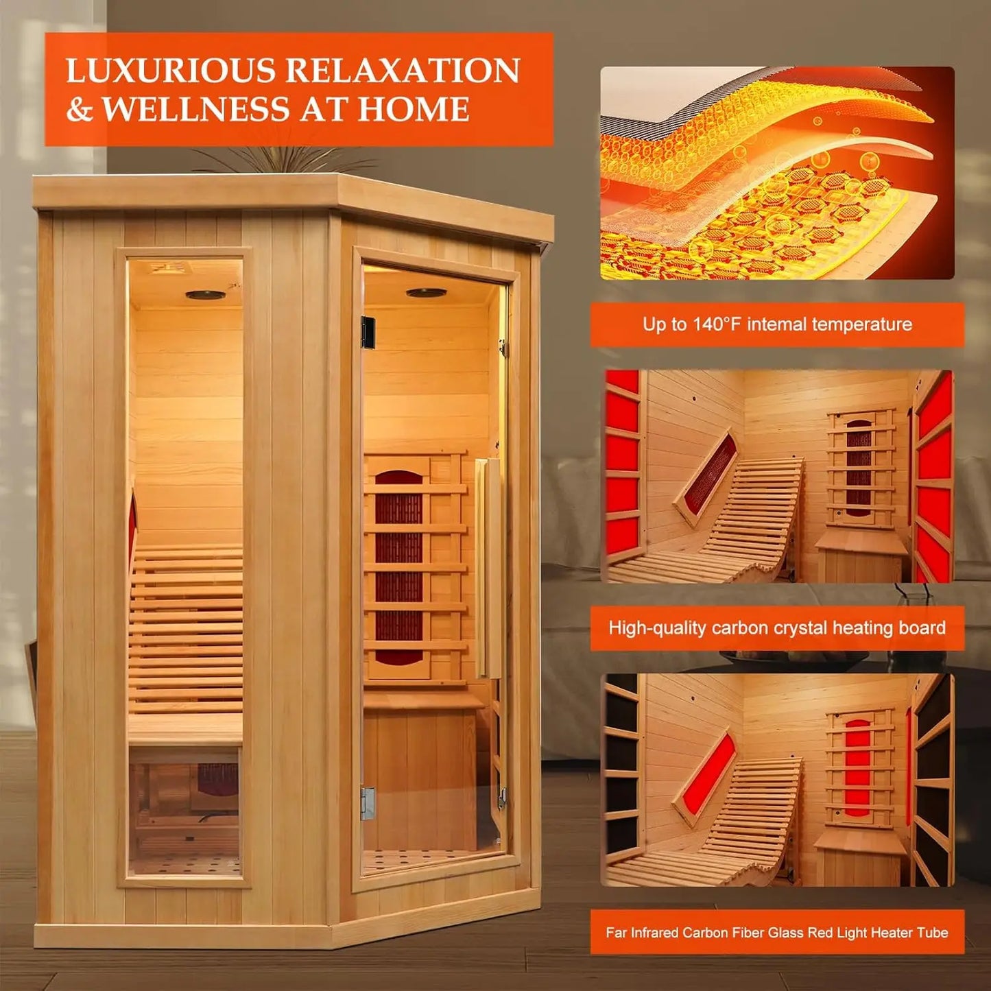 SMARTMAK Far Infrared Hemlock Wood Sauna Indoor Spa