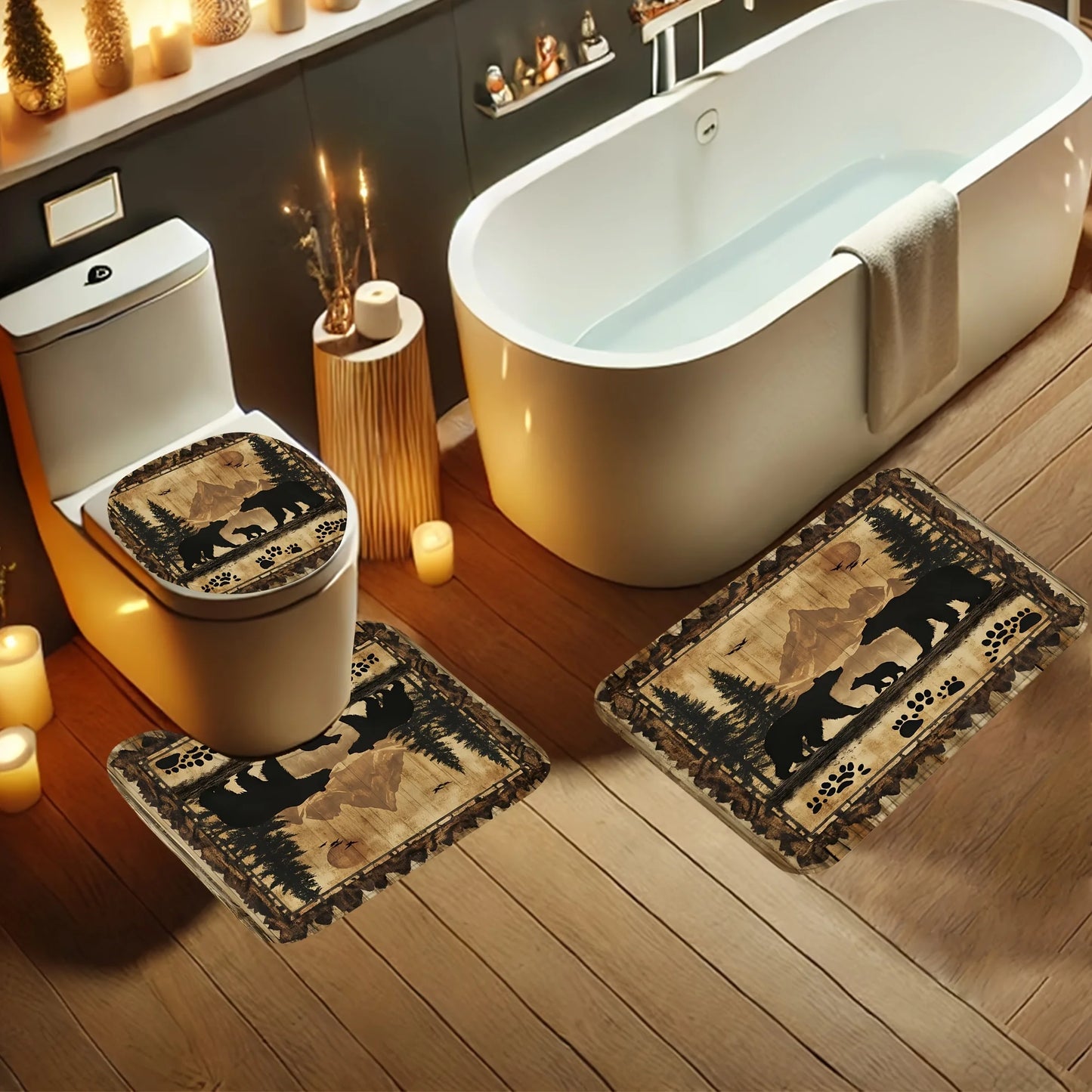Four Bamboo Shower Curtains With Abstract Design And Hooks