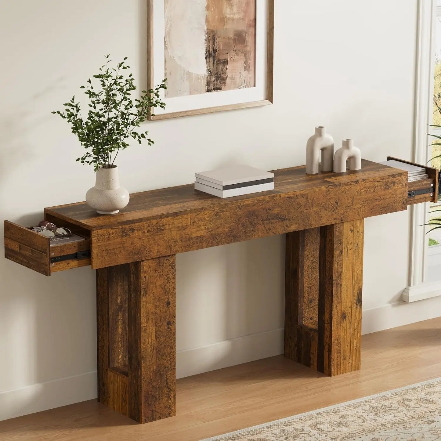 Farmhouse Style Console Table With Drawers For Living Room Hallway