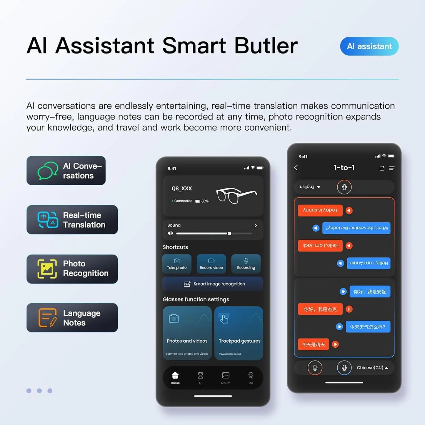 AI Smart Glasses With 8MP Camera Real Time Translation