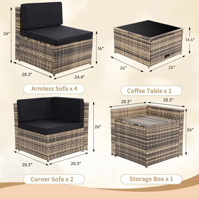 Outdoor Wicker Patio Sectional Set With Glass Table Storage