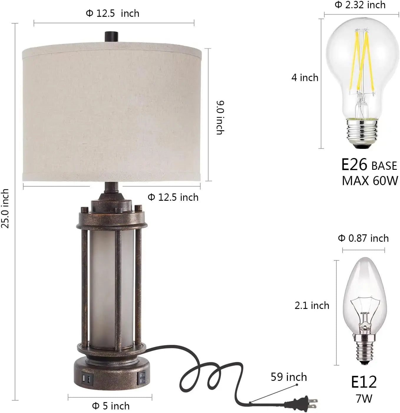 Farmhouse Table Lamps Set of 2 With USB Charging Ports