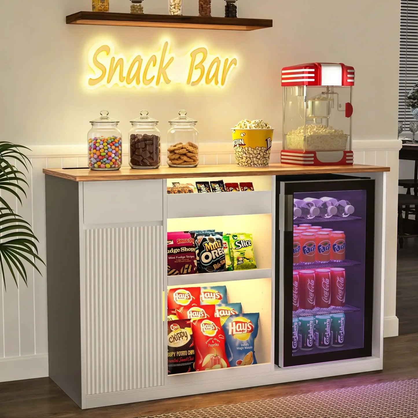 Snack Bar Cabinet With Fridge Space And Candy Display Shelf