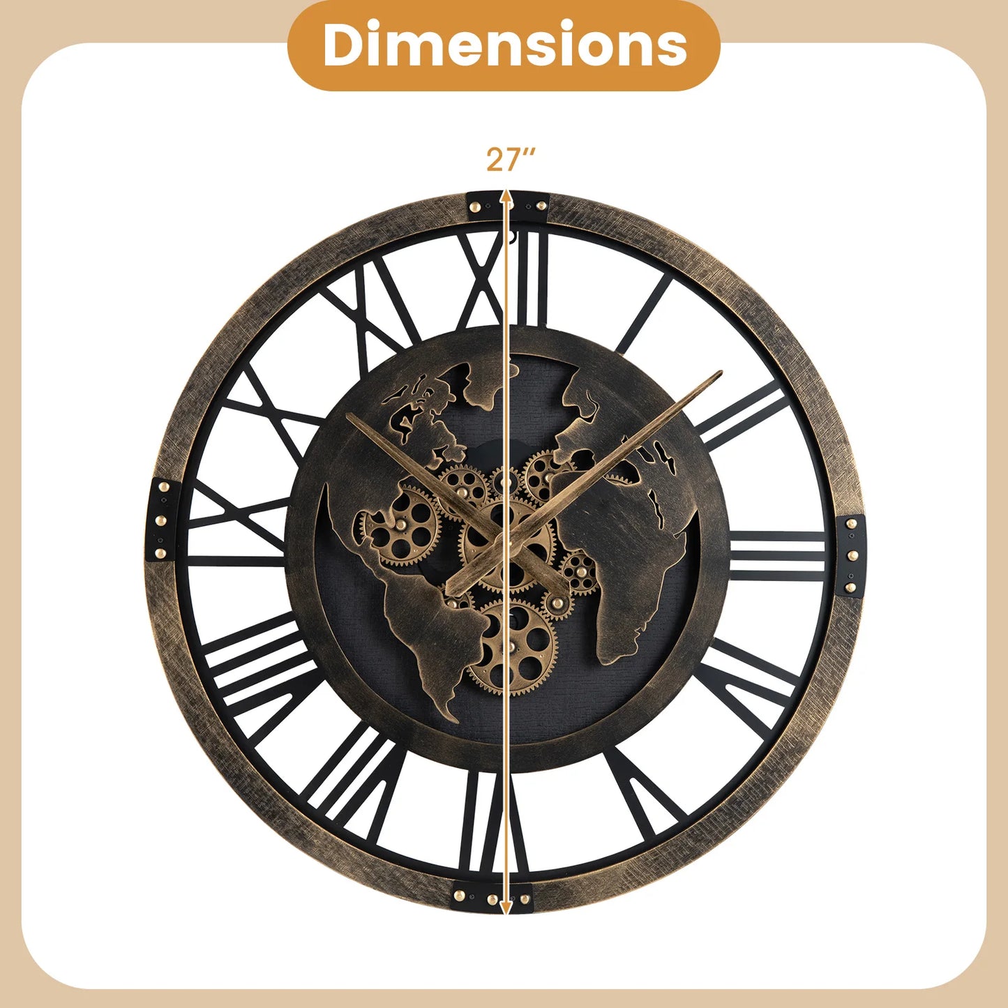 HOMASIS Gear Wall Clock With World Map Non-Ticking Metal Clock
