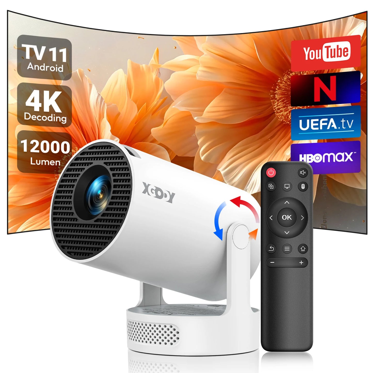 XGODY 4K LED Projector 12000 Lumens Brightness WiFi 6