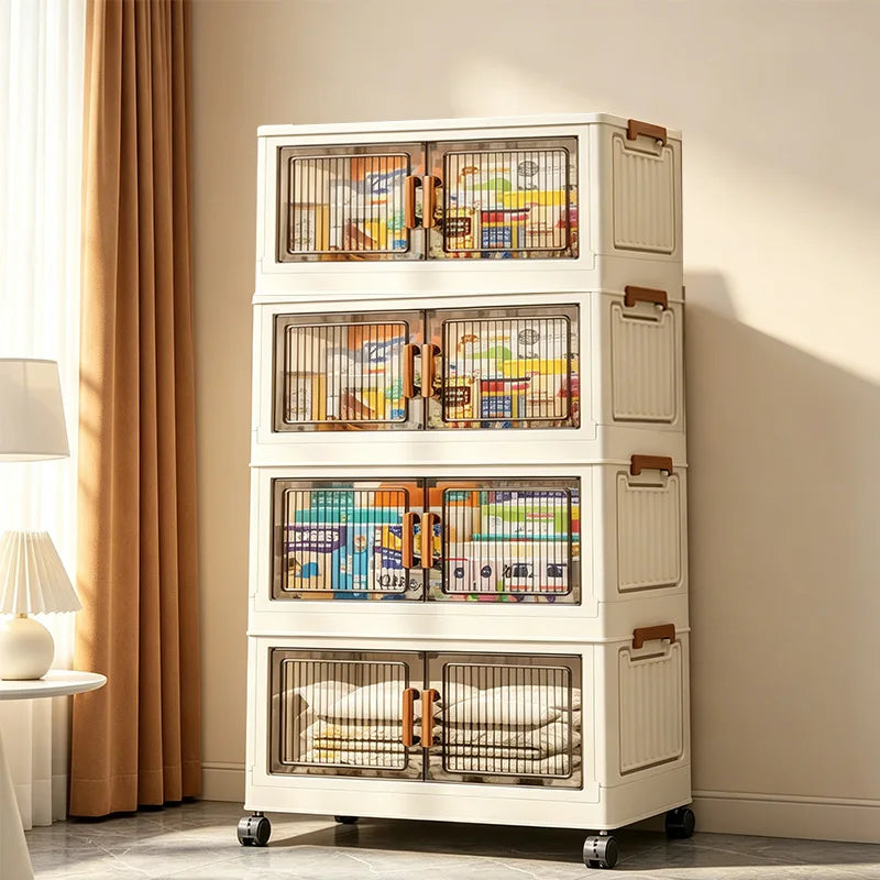 Foldable Stackable Plastic Storage Cabinet With Wheels And Magnetic Doors