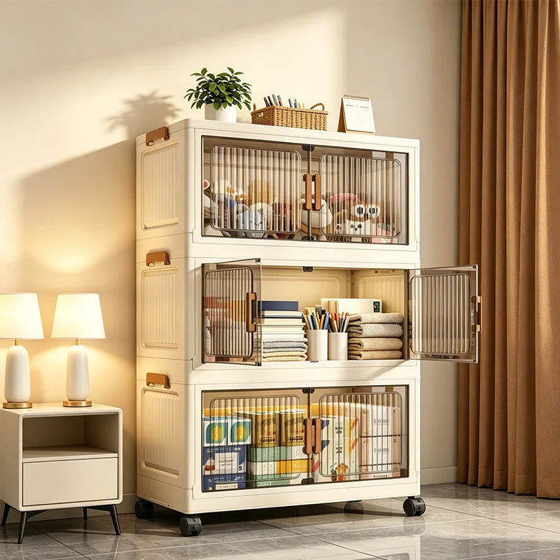 Foldable Stackable Plastic Storage Cabinet With Wheels And Magnetic Doors
