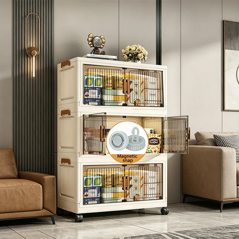Foldable Stackable Plastic Storage Cabinet With Wheels And Magnetic Doors