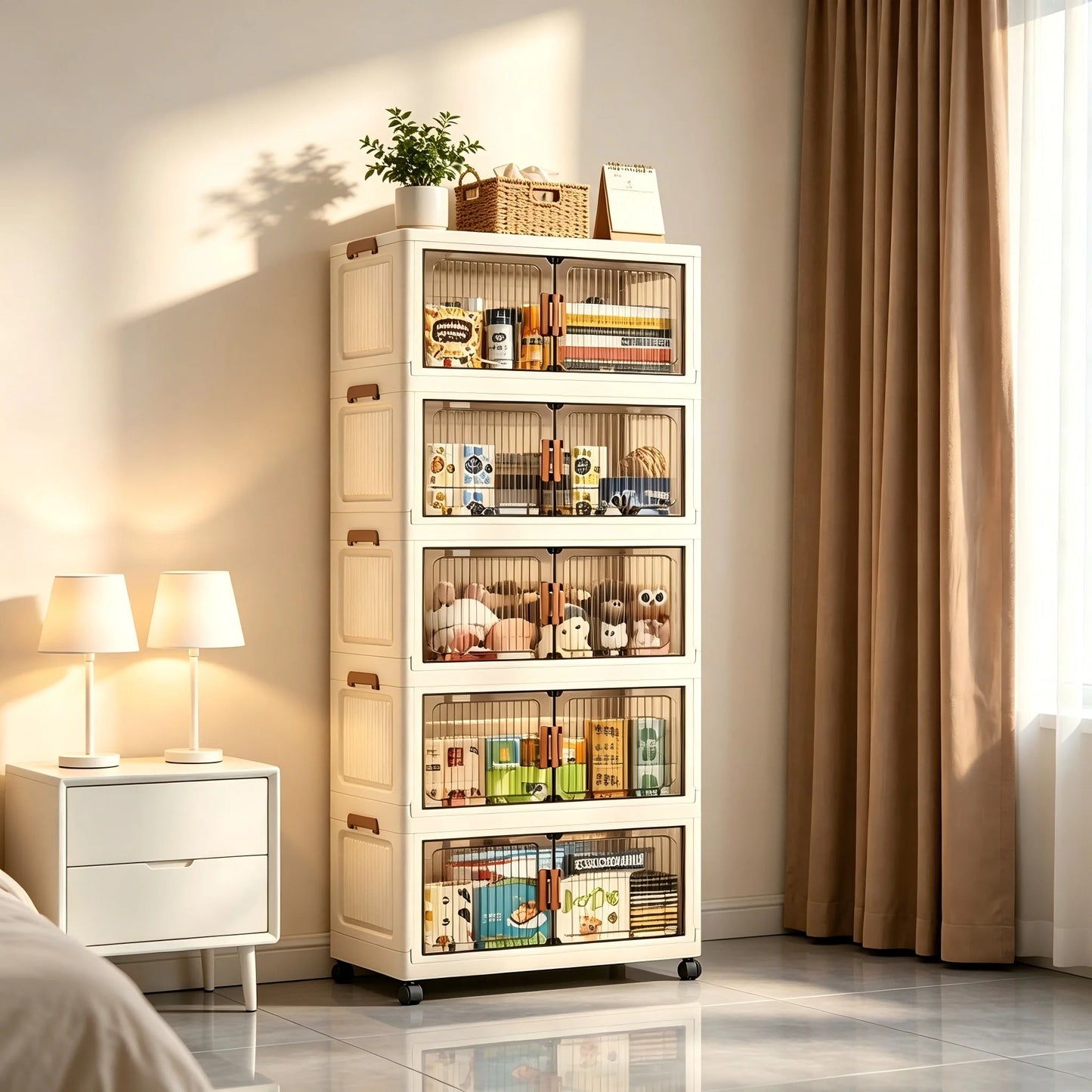 Foldable Stackable Plastic Storage Cabinet With Wheels And Magnetic Doors