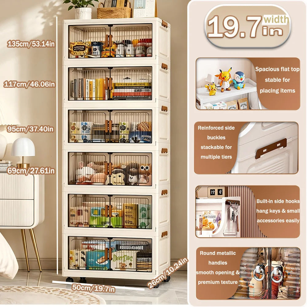 Foldable Stackable Plastic Storage Cabinet With Wheels And Magnetic Doors