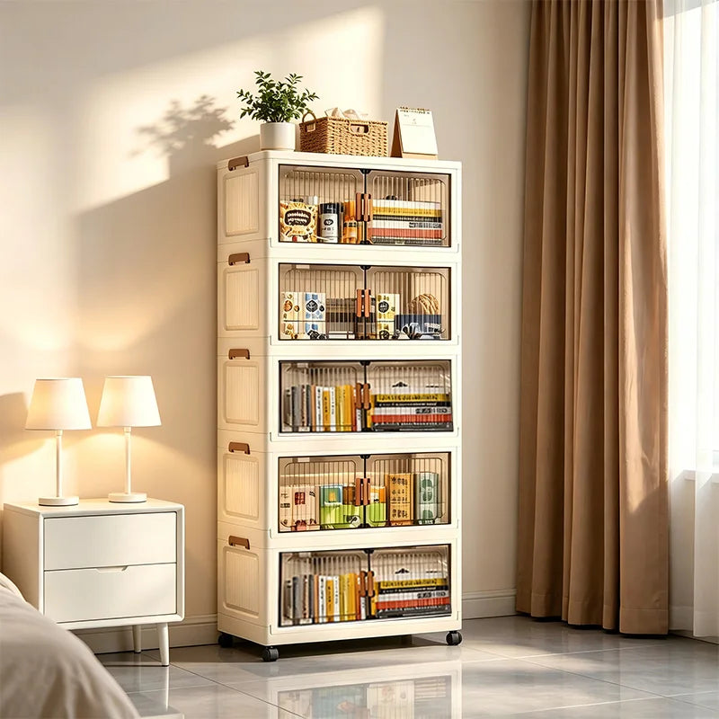 Foldable Stackable Plastic Storage Cabinet With Wheels And Magnetic Doors