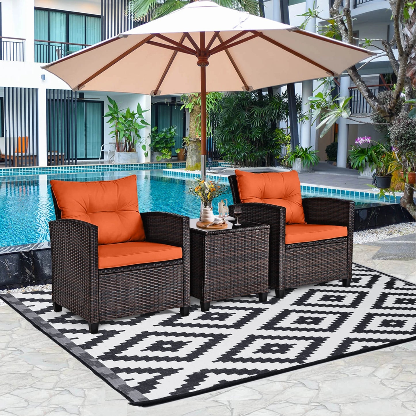 HOMASIS 3-Piece Patio Rattan Furniture Set Cushioned Conversation