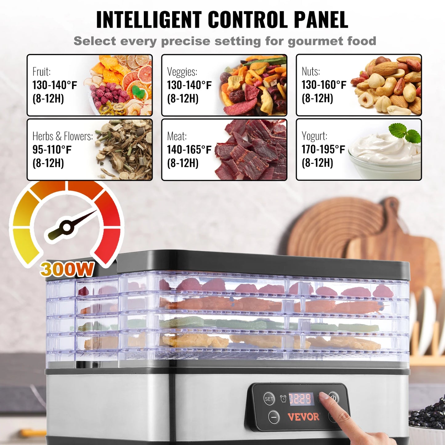 VEVOR Stainless Steel Food Dehydrator 300W with Digital Timer