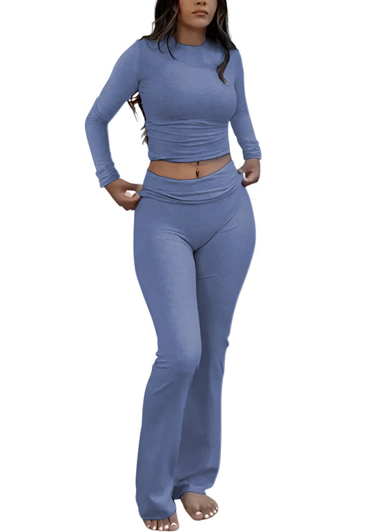 Womens Yoga Two Piece Set With Long Sleeve Top And Wide Leg Pants