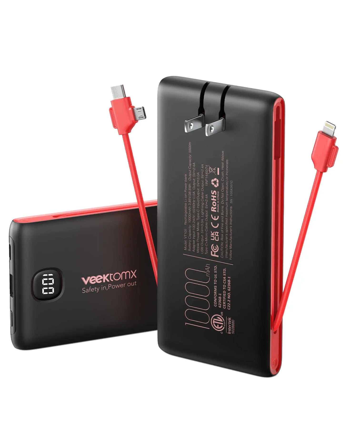 Portable 10000mAh Power Bank With Built In Cables Fast Charge