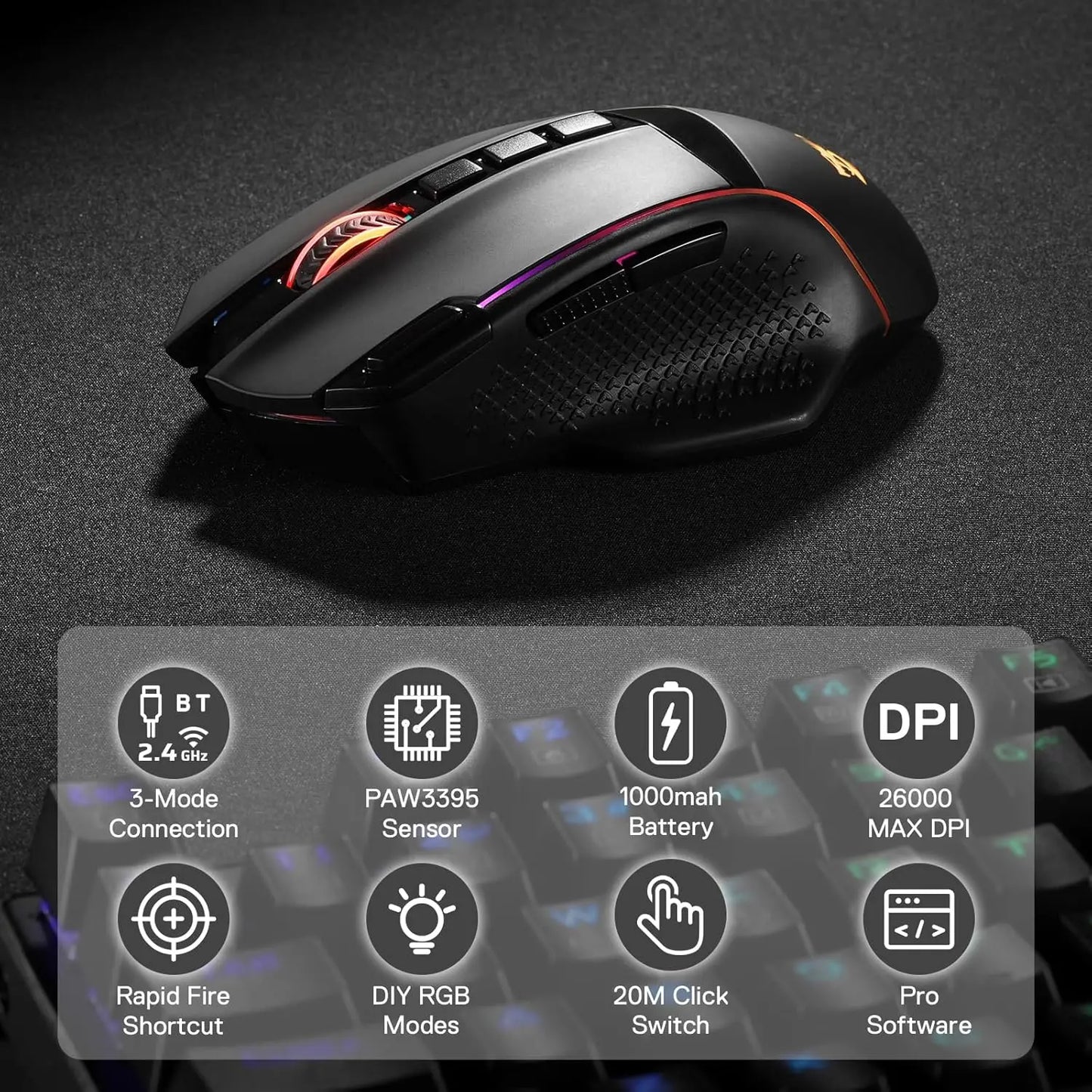 Redragon M991 Wireless Gaming Mouse 26000DPI ThreeMode RGB Backlight