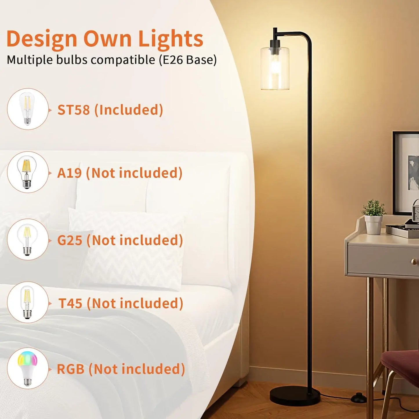 Industrial Floor Lamp With Glass Shade Led Bulb Pedal Switch