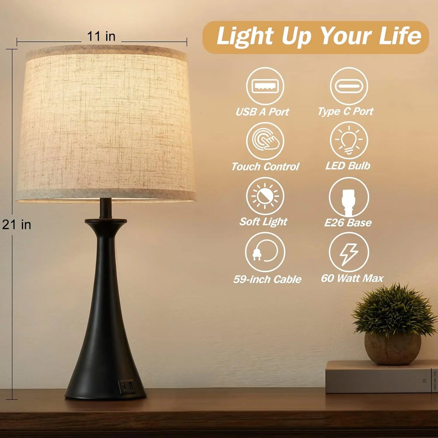Touch Lamp Pair With USB-C Ports And Three-Way Dimming