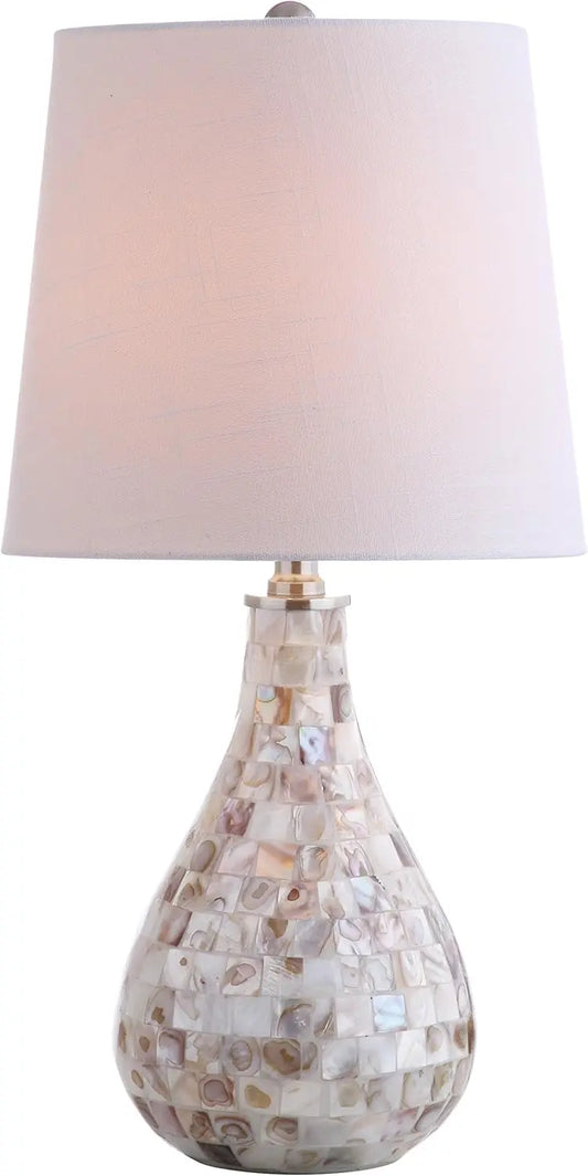 Seashell Coastal Mini LED Table Lamp With White Linen Drum Shade