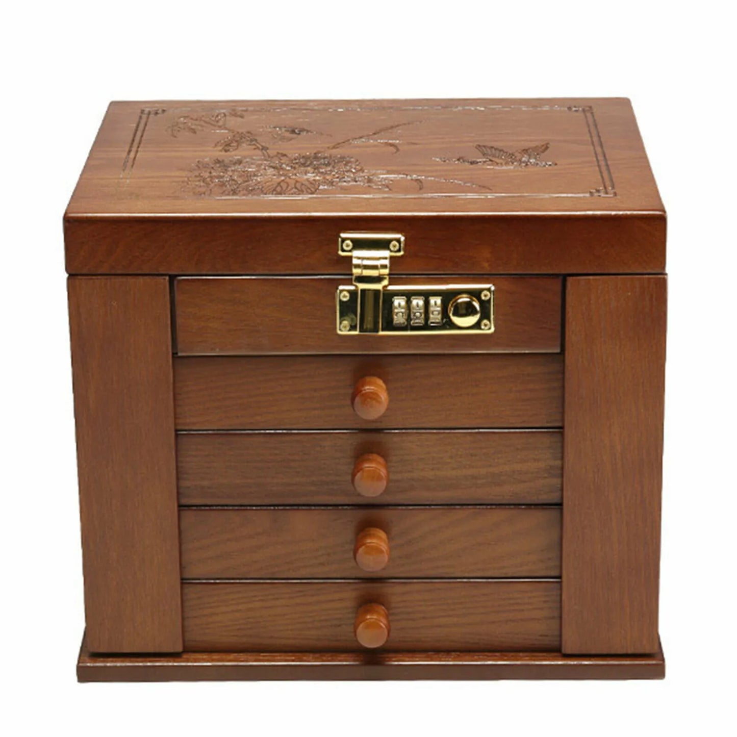 Wooden Jewelry Box Organizer With Mirror Password Lock 4 Layer