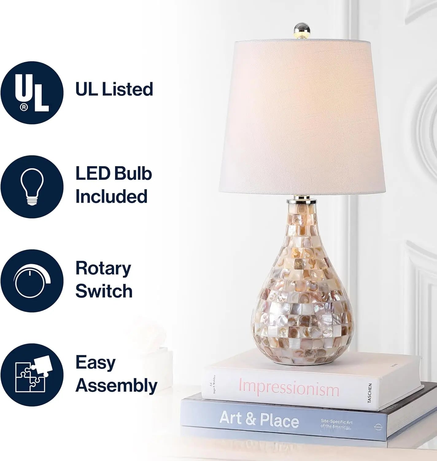 Seashell Coastal Mini LED Table Lamp With White Linen Drum Shade