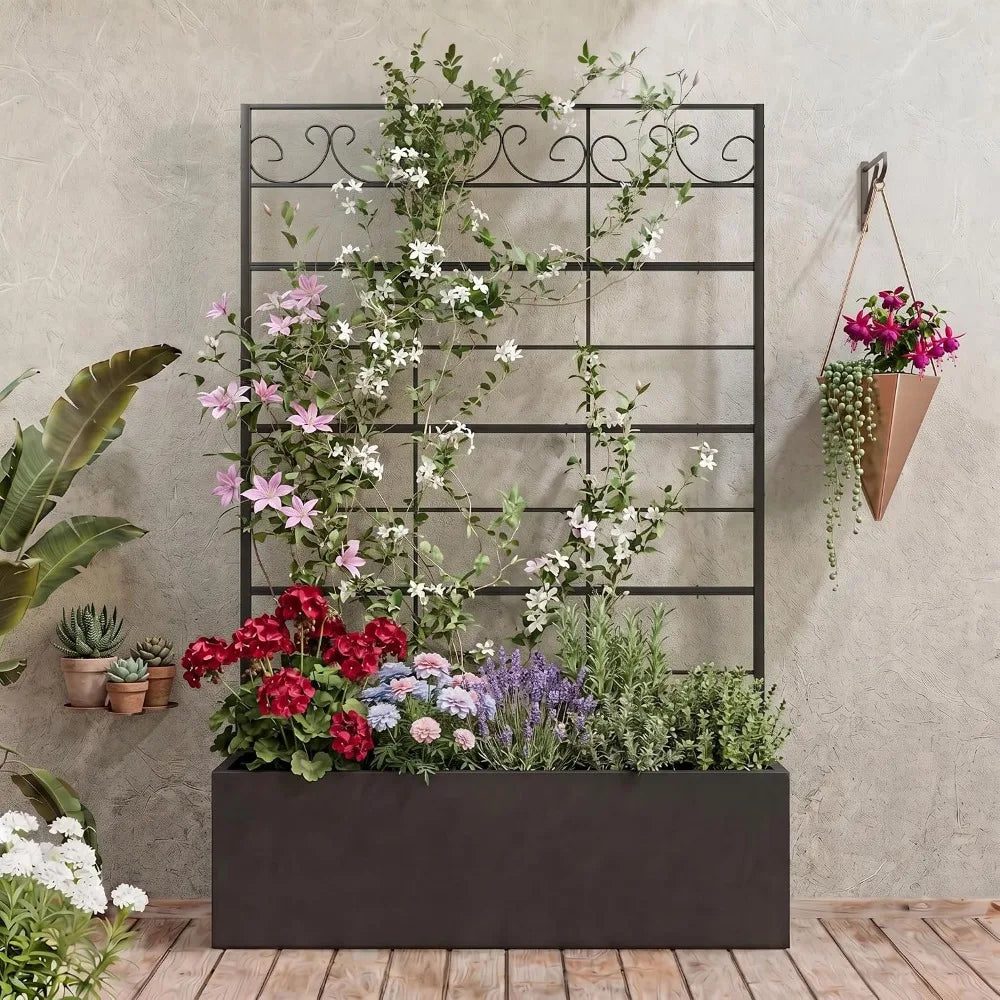 Metal Raised Planter Box With Trellis For Climbing Plants
