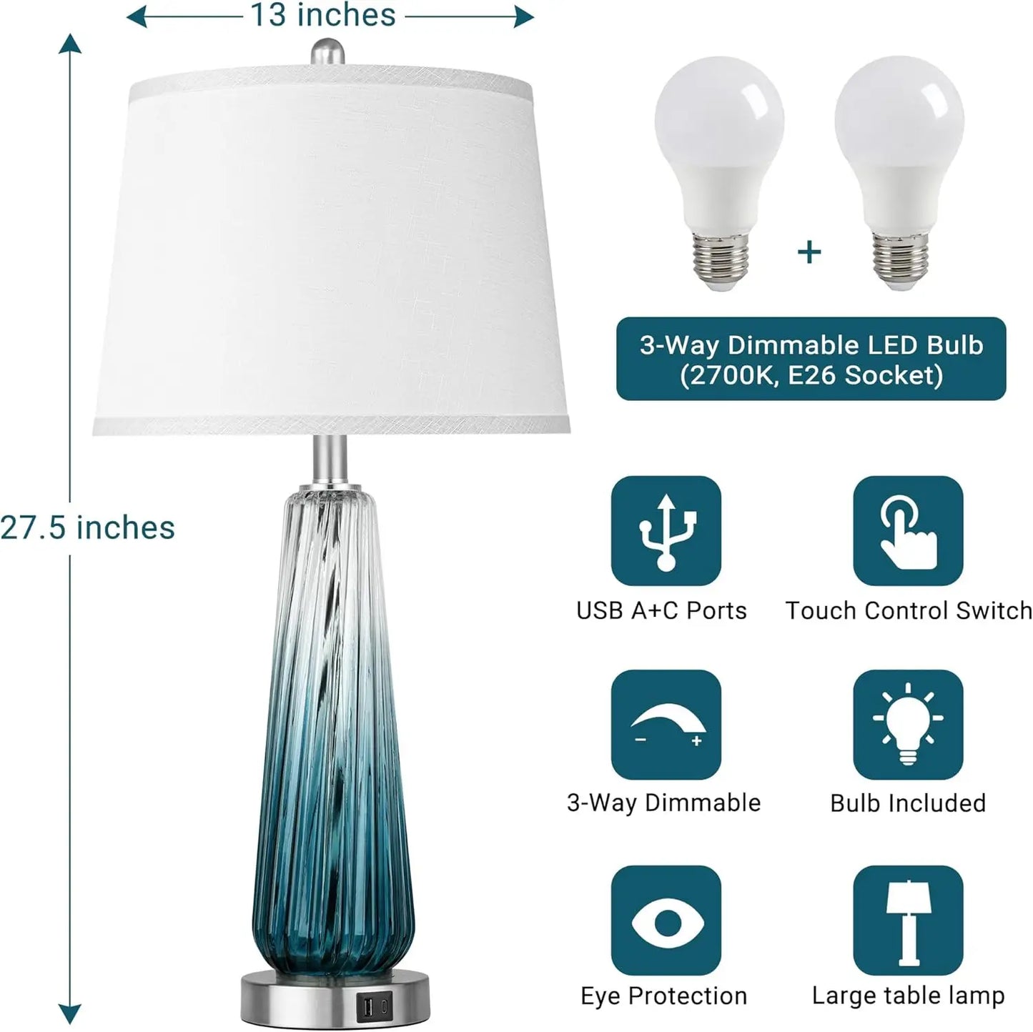 Glass Table Lamps Set Of 2 With USB Ports And 3 Way Dimmable