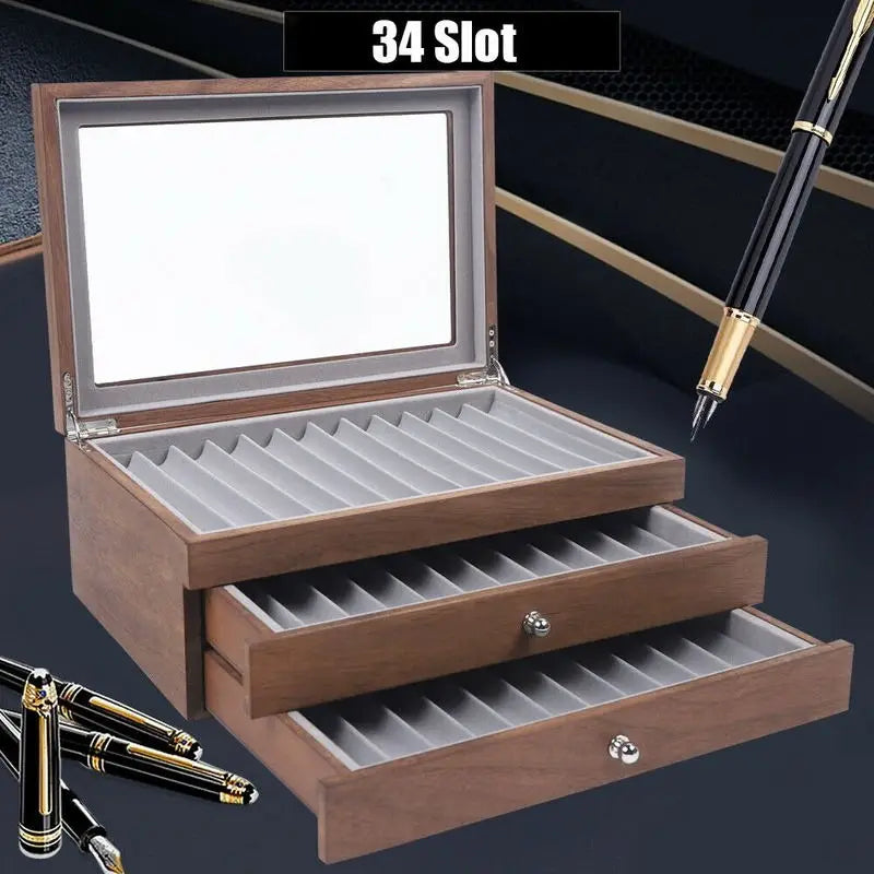 Walnut Wood 34 Slot Pen Storage Case With Drawer For Office And Gift
