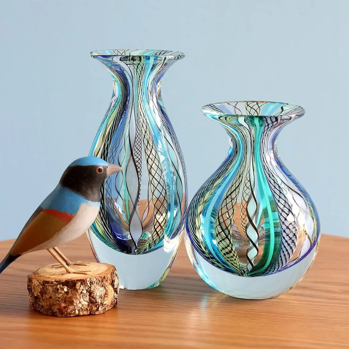 Pair Murano Style Hand Blown Glass Vases Canes Art Glass