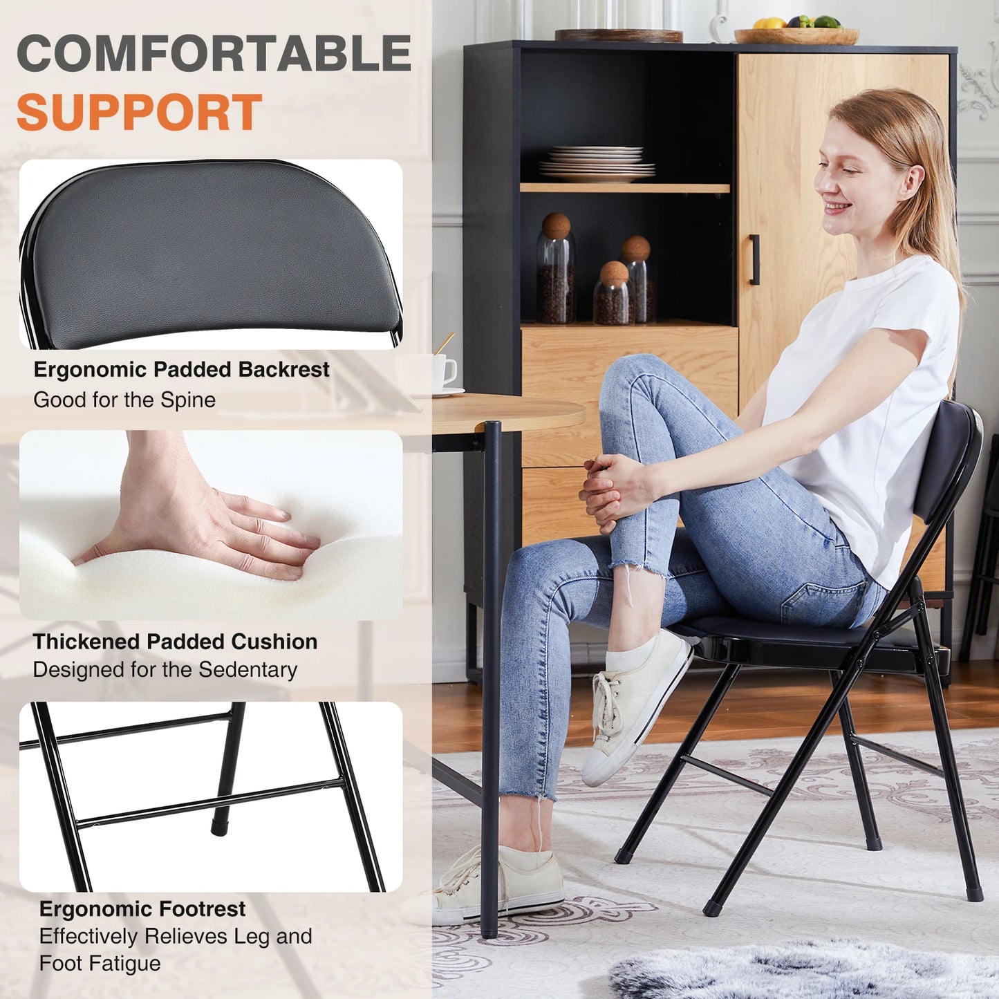 JHK Leather Padded Folding Chair 4 Pack Sturdy Metal Frame