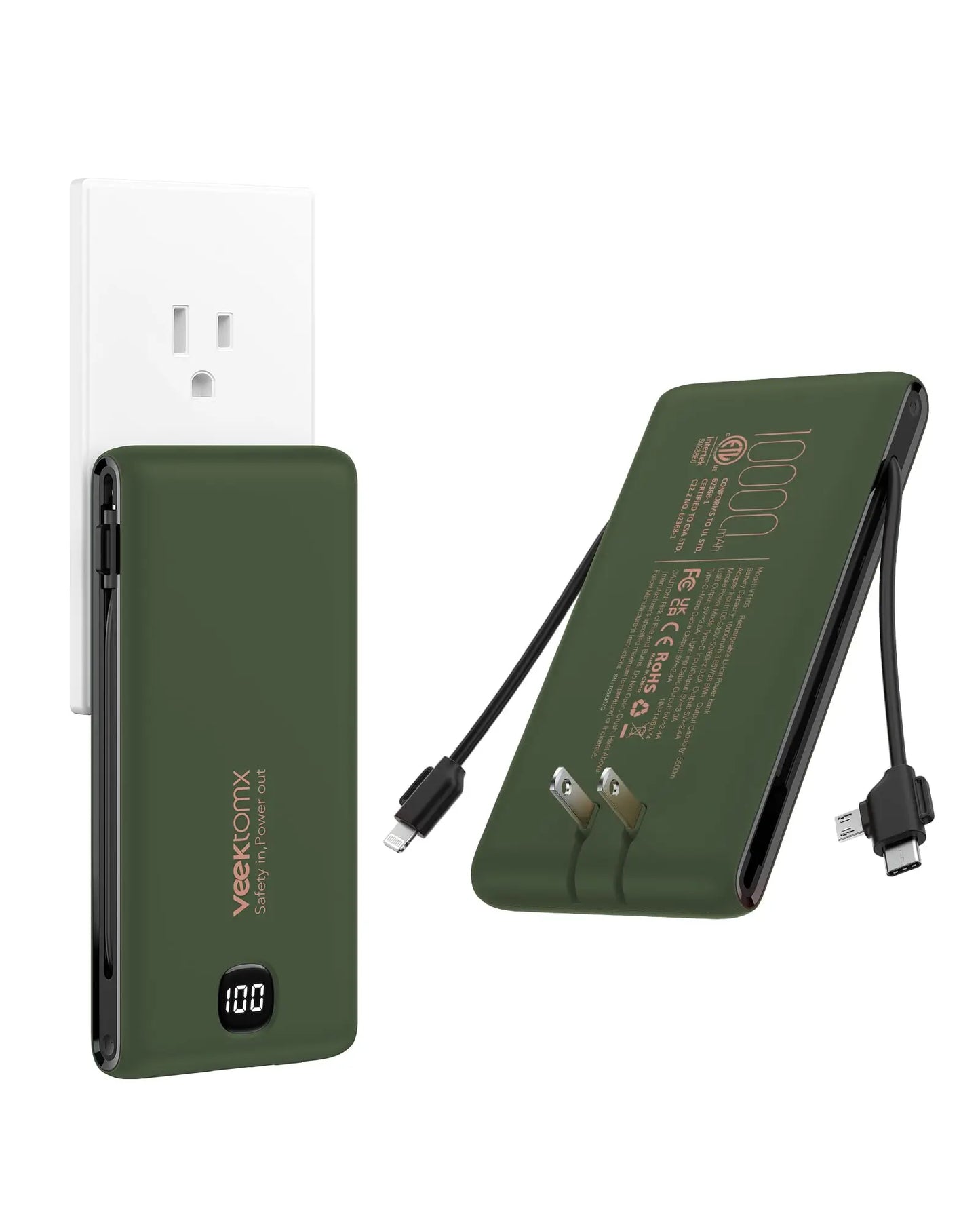 Portable 10000mAh Power Bank With Built In Cables Fast Charge
