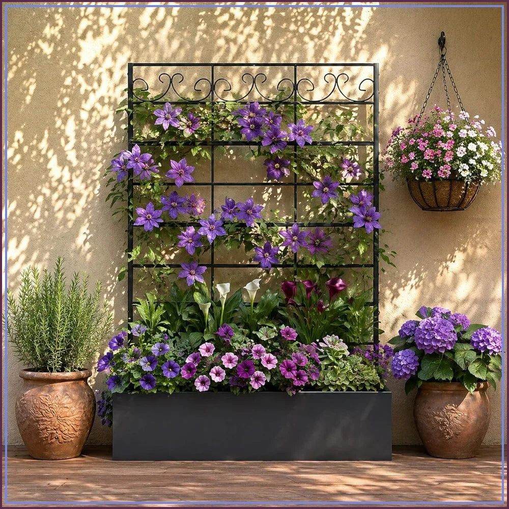 Metal Raised Planter Box With Trellis For Climbing Plants