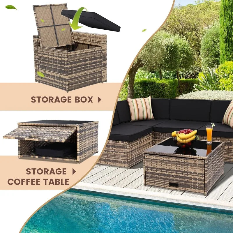 Outdoor Wicker Patio Sectional Set With Glass Table Storage
