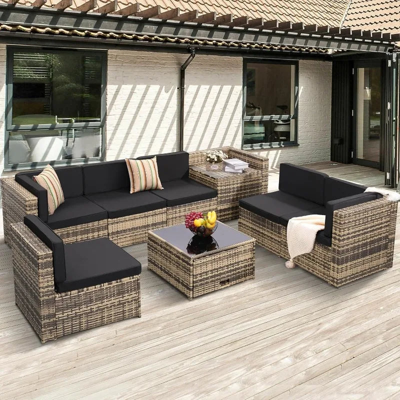 Outdoor Wicker Patio Sectional Set With Glass Table Storage
