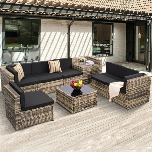 Outdoor Wicker Patio Sectional Set With Glass Table Storage