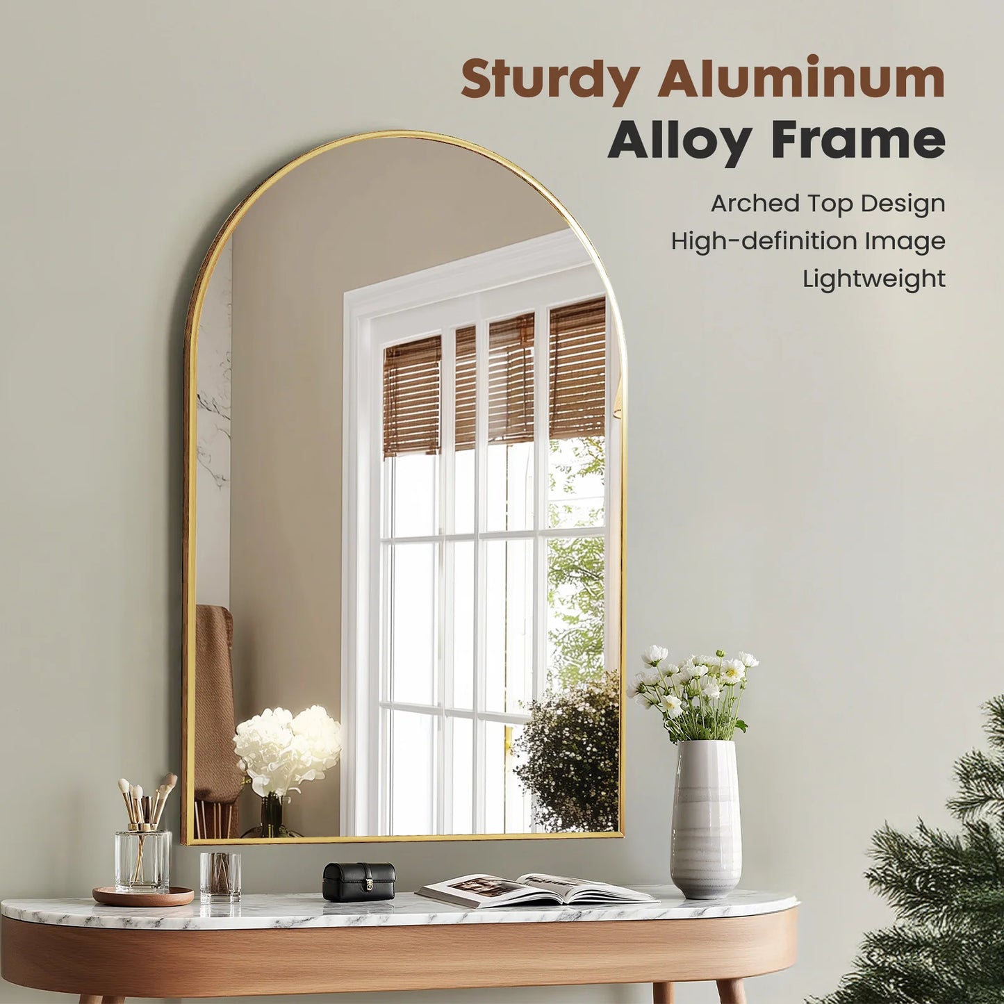 JHK Arched Metal Framed Mirror For Wall Bathroom Bedroom Entryway