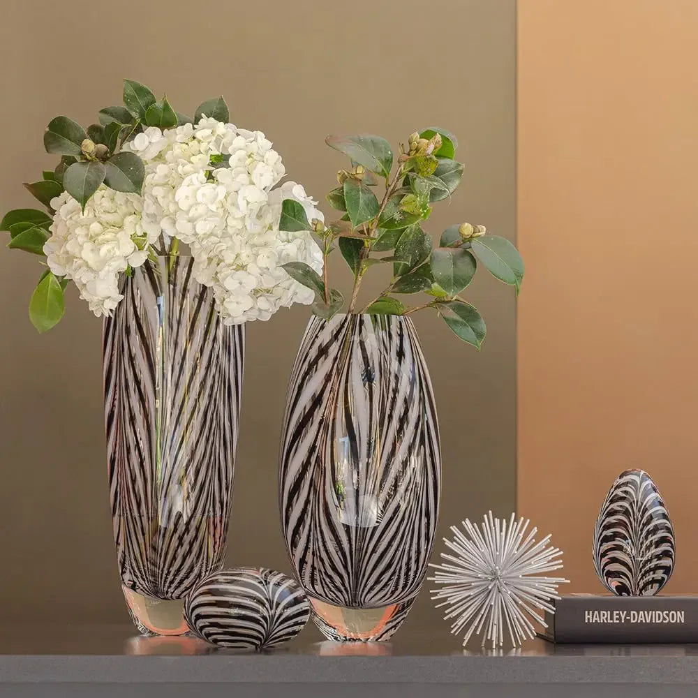 Hand Blown Murano Style Glass Vase With Feather Pattern