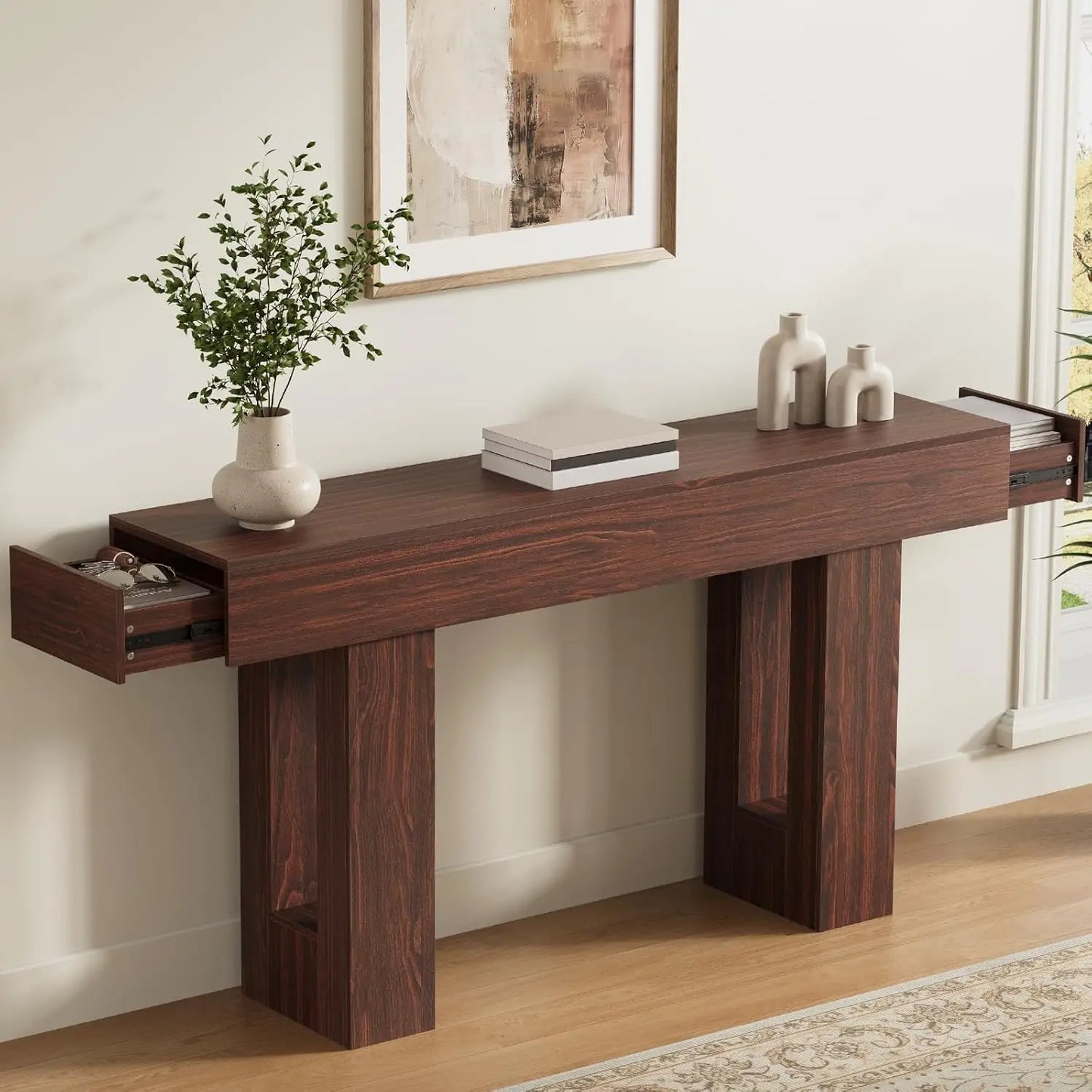 Farmhouse Style Console Table With Drawers For Living Room Hallway