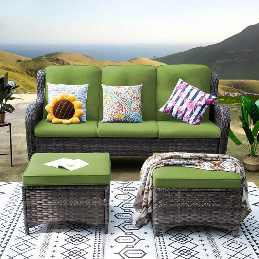 Wicker Outdoor Furniture Set 3-Piece With 3-Seat Sofa And Ottomans