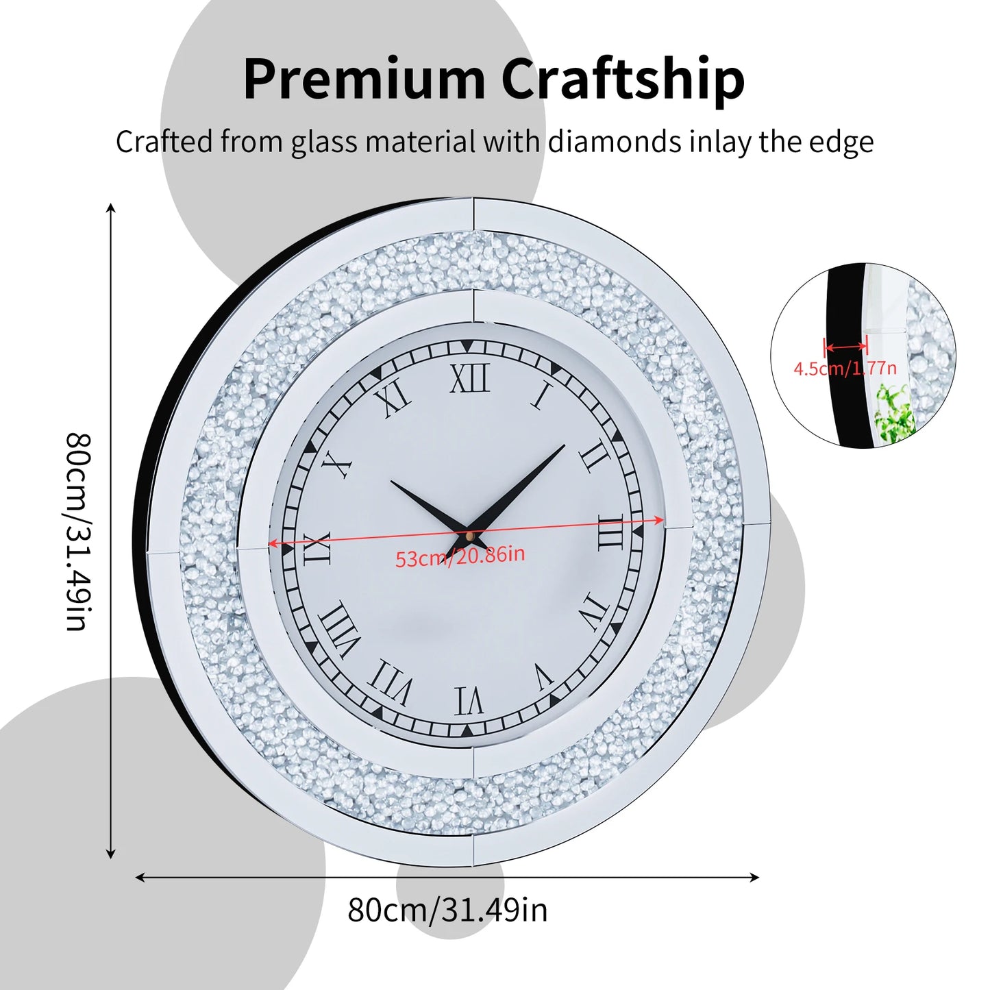 Silver Tawny Round Mirror Wall Clock With Crystal Sparkle