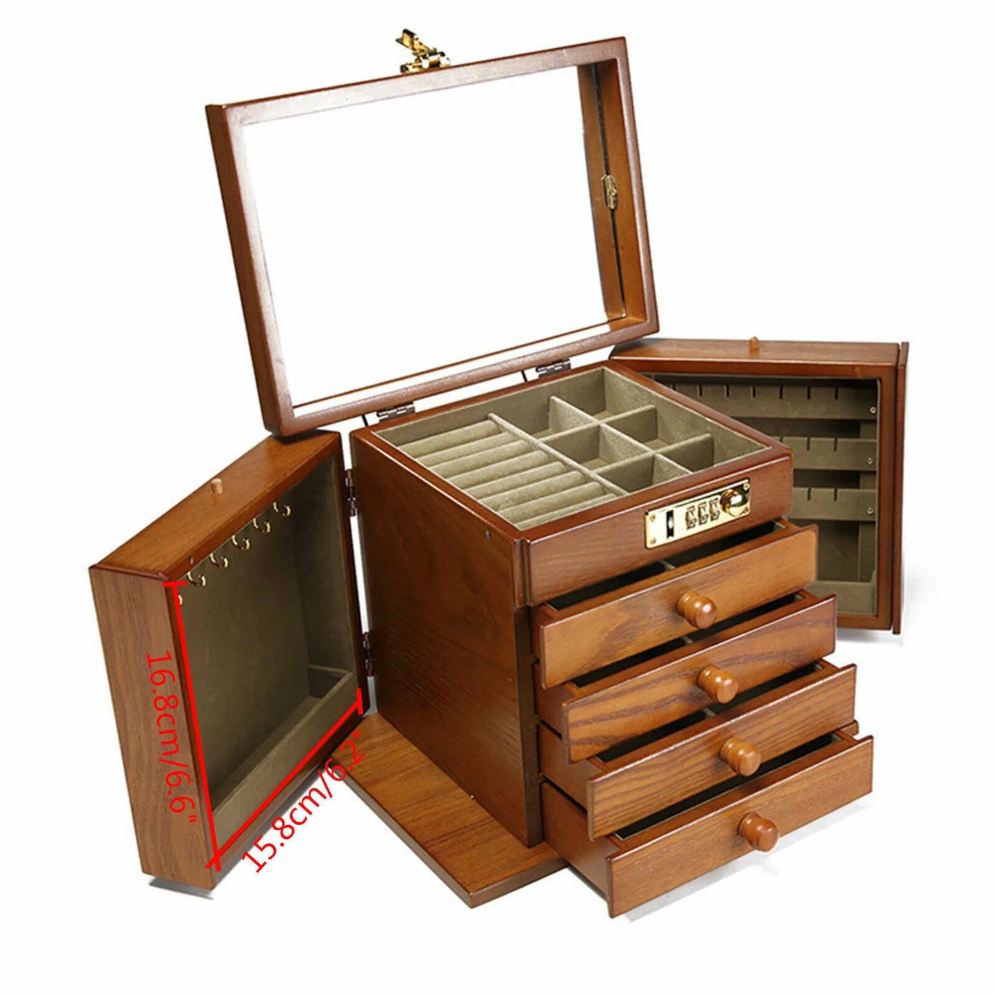Wooden Jewelry Box Organizer With Mirror Password Lock 4 Layer