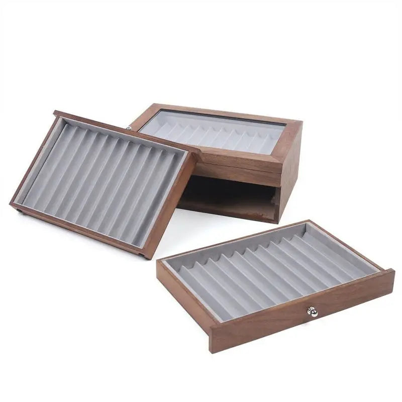 Walnut Wood 34 Slot Pen Storage Case With Drawer For Office And Gift