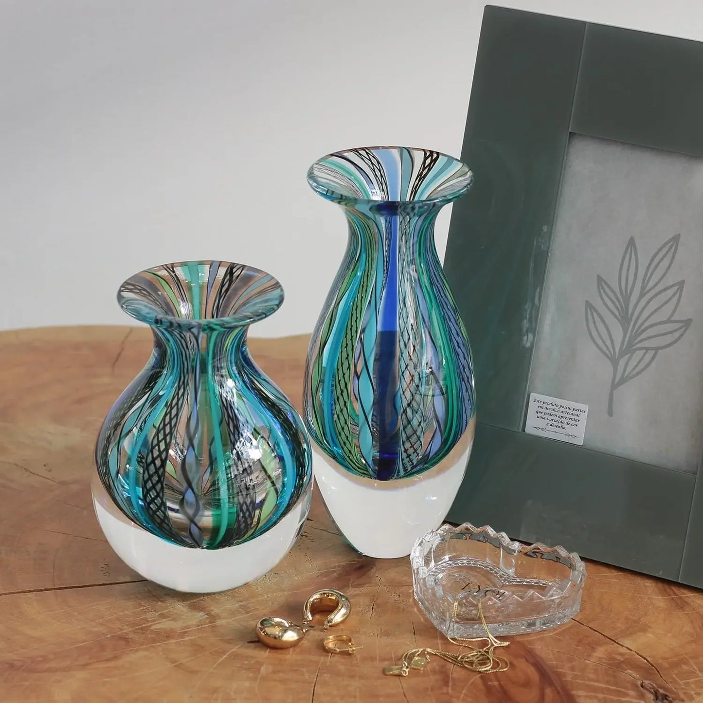 Pair Murano Style Hand Blown Glass Vases Canes Art Glass