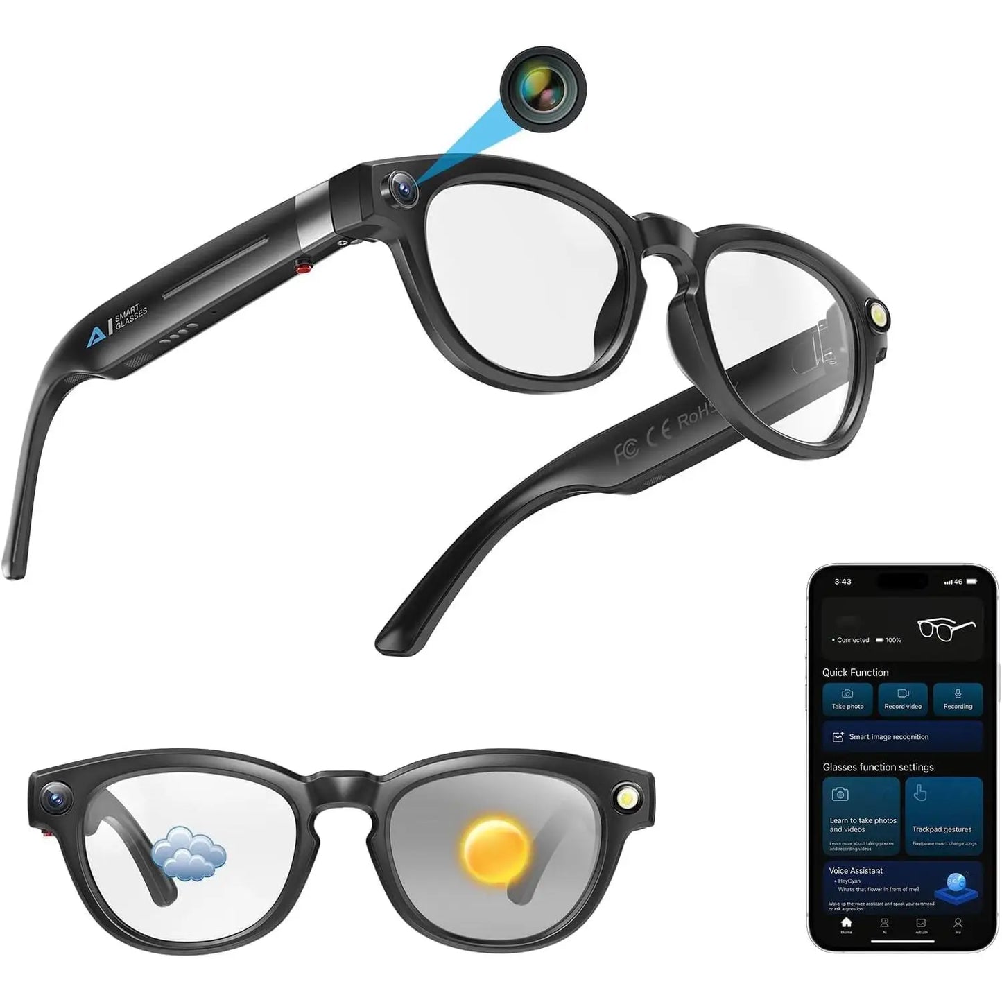 AI Smart Glasses With 8MP Camera Real Time Translation