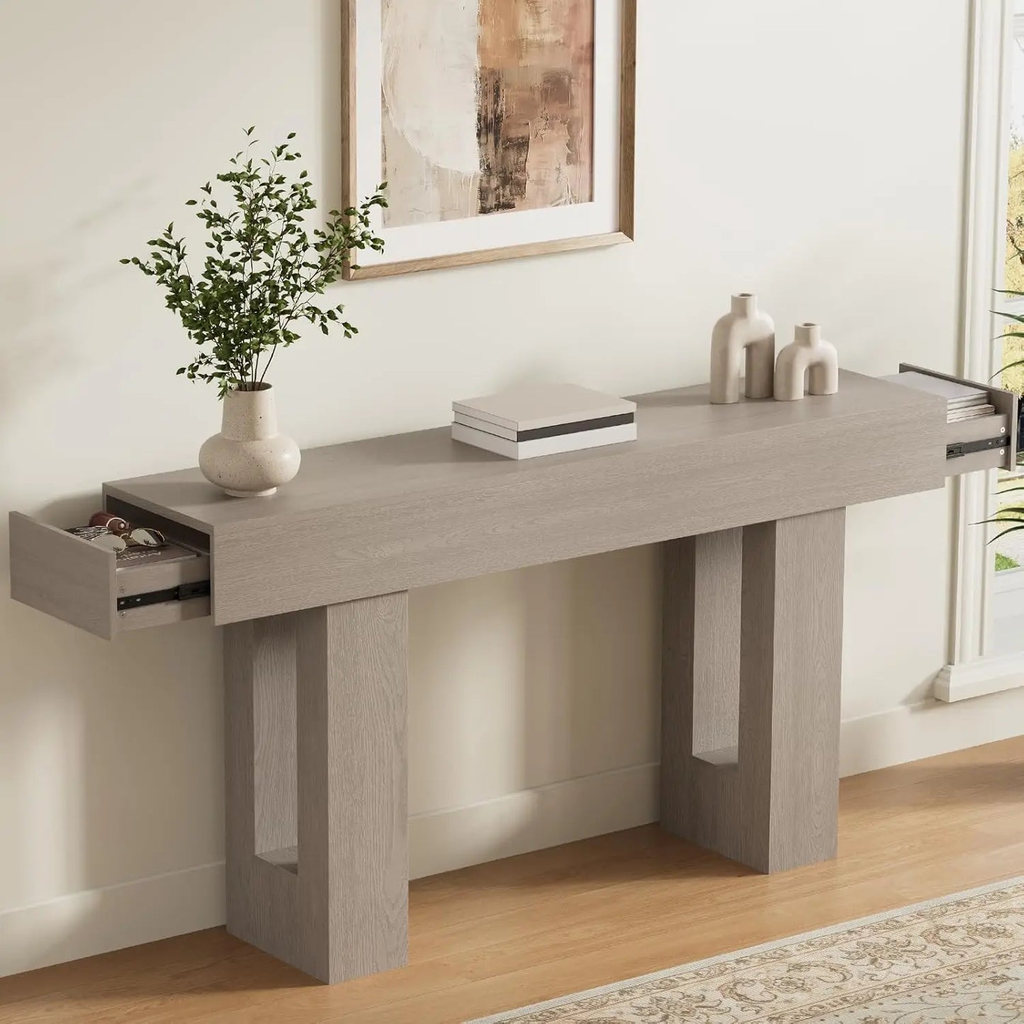 Farmhouse Style Console Table With Drawers For Living Room Hallway