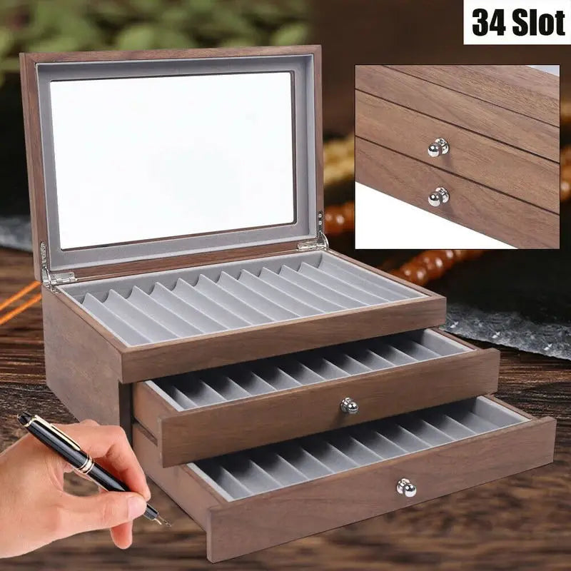 Walnut Wood 34 Slot Pen Storage Case With Drawer For Office And Gift