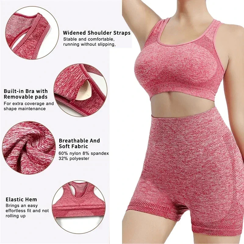 Women Yoga Set With Breathable Quick Dry Seamless Sports Bra And Shorts