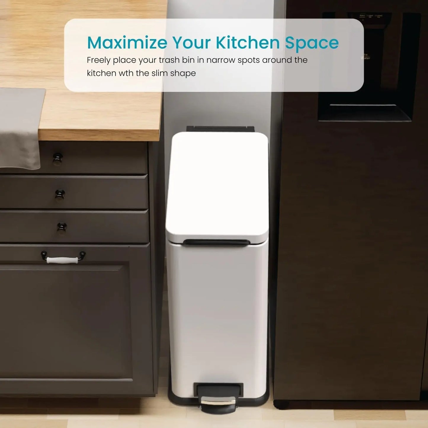 Slim Fit Kitchen Trash Can With Soft Close Pedal Lid